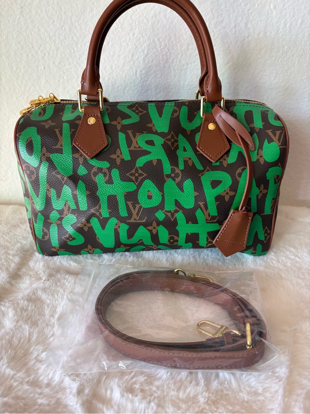 Inspired Monogram Speedy Satchel with Green Graffiti